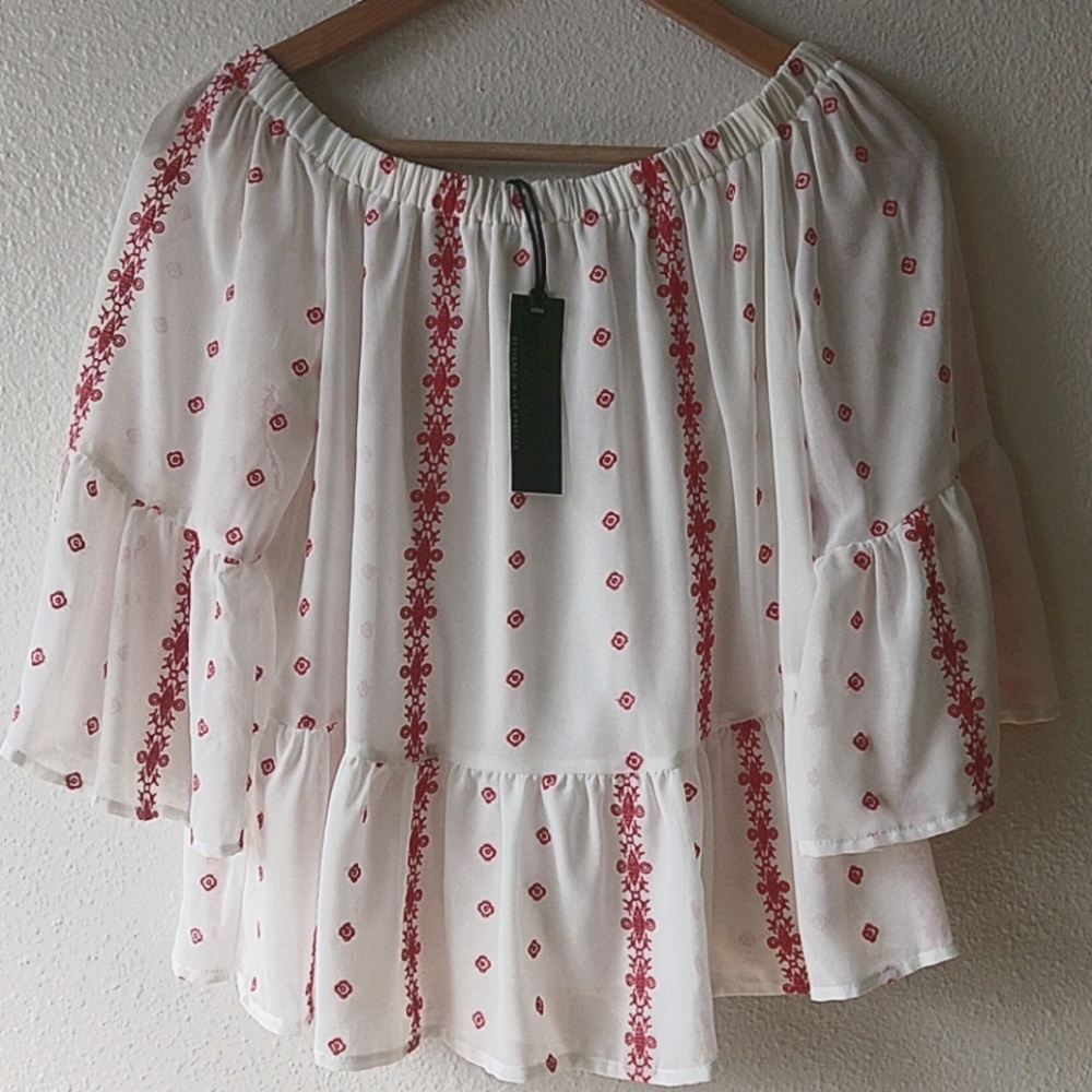 Boho Crop Top Embroidered Blouse Feminine Valentine Off-Shoulder Heart Soul LA M